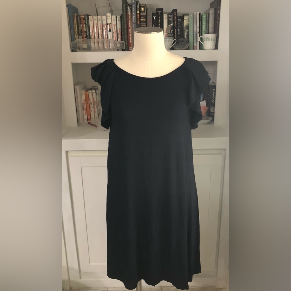 Loft Navy Blue Ruffle Dress, Sleeveless, Soft T-Shirt Feel D277